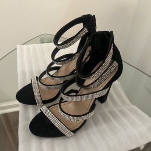 Bamboo Black Rhinestone Ankle Strap Heels Sz 10 READ Damage